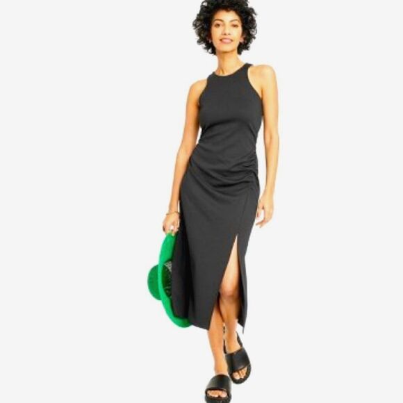 a new day Dresses & Skirts - Black sleeveless ruched ponte midi dress size medium